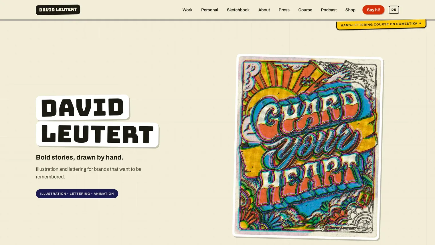 Home page of the David Leutert portfolio, showing a bold hand-lettered print