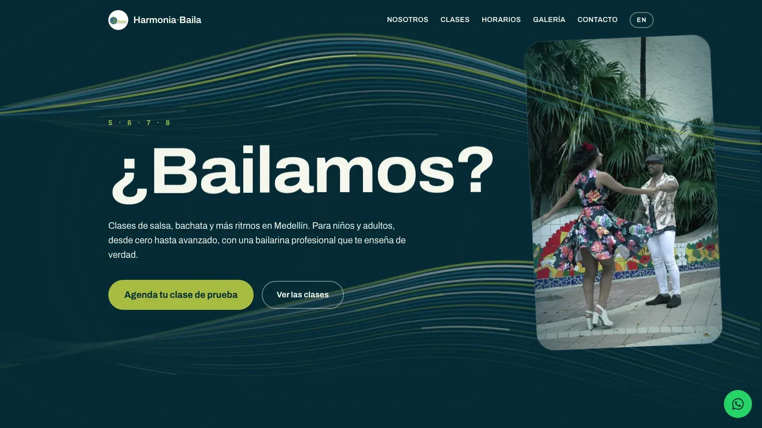 Home page of the Harmonia Baila dance academy website, with a dancing couple beside the headline