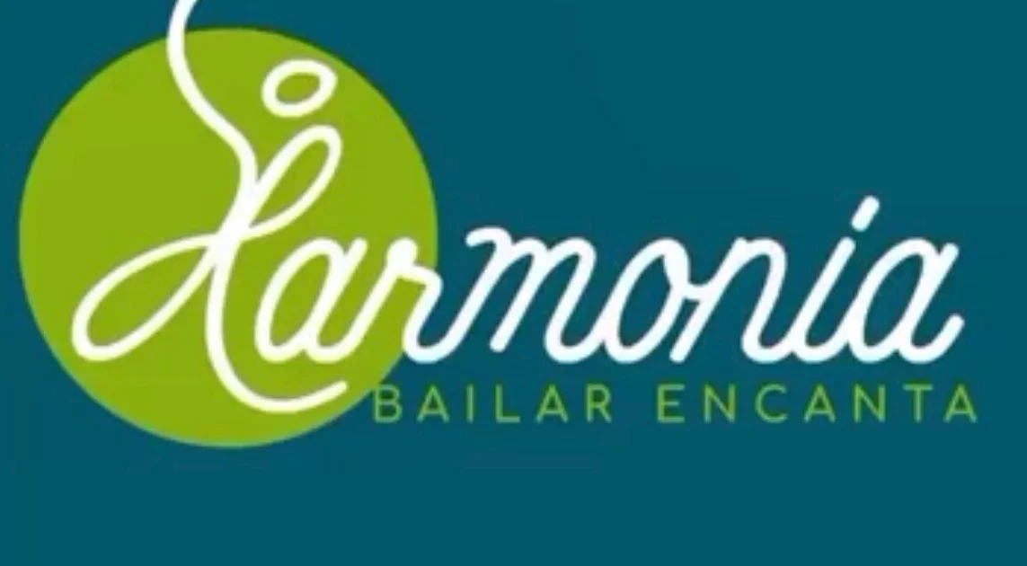 Logo de Harmonia: bailarina dibujada en una sola línea, con el lema «Bailar encanta»